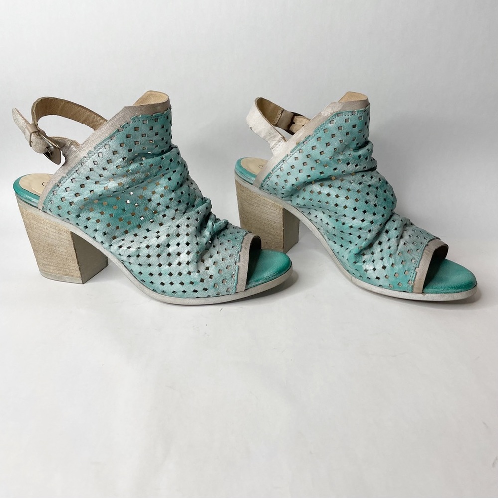 Unity in Diversity Laser Cut Leather Slouchy Sling Back Block Heel Sandal